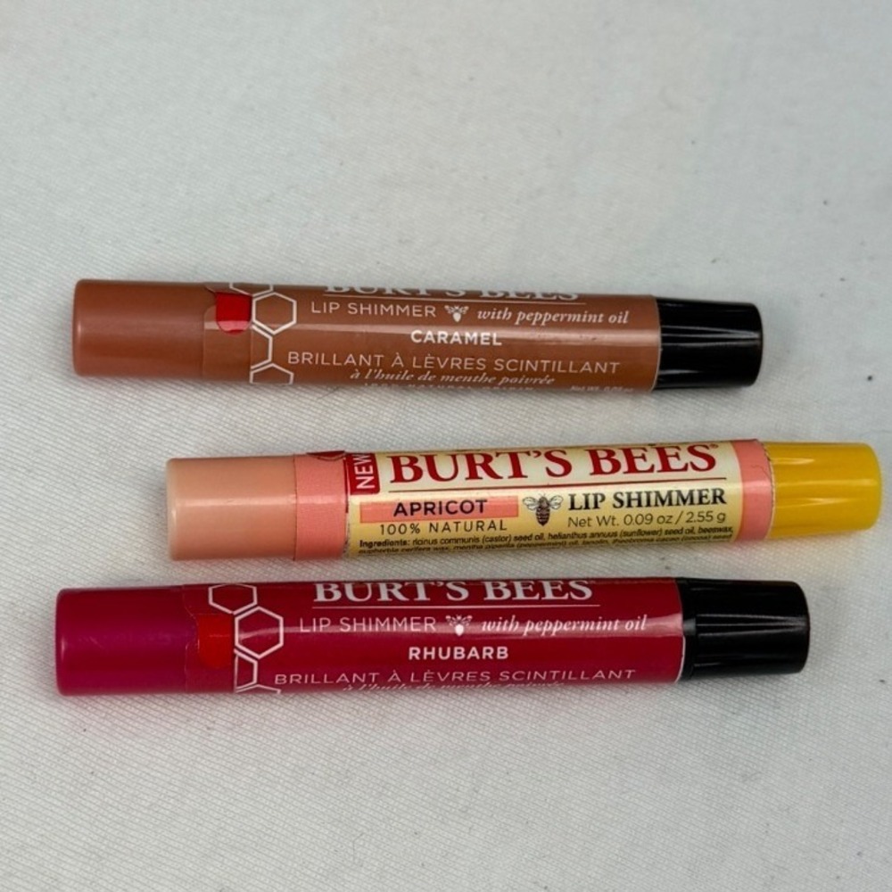 Burts Bees Lip Shimmer 3 Pack Caramel Apricot Rhubarb 100 Natural Peppermint Oil